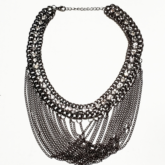 Necklace: Edgy Looking Multi Strand Chain with Crystals Gunmetal Color - Picture 5 of 8